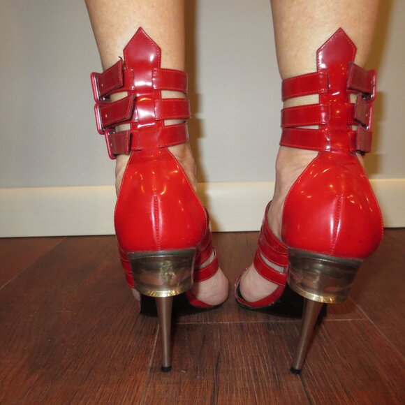KARL LAGERFELD Red Made in Italy Triple Ankle Strap Heels - Picture 4 of 9